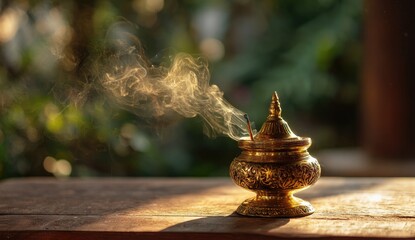 Golden incense burner with smoke rising (1)