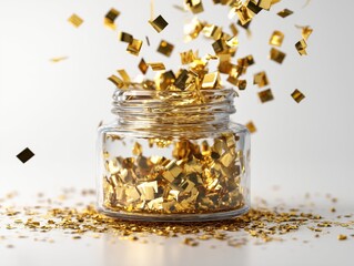 Glass Jar with Floating Gold Confetti on White Background