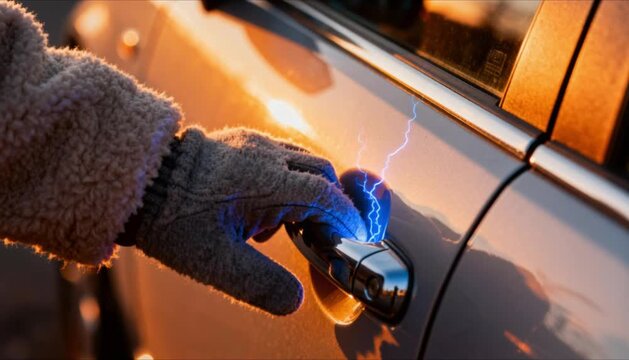 hand in fleece glove touching car door with spark perfect for static electricity day