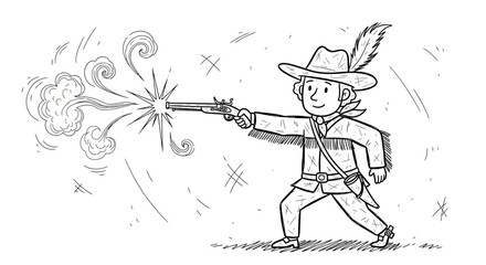 Young musketeer firing a pistol with smoke and sparks.
