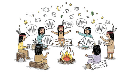 Indigenous children gathered around a campfire sharing stories and traditions.