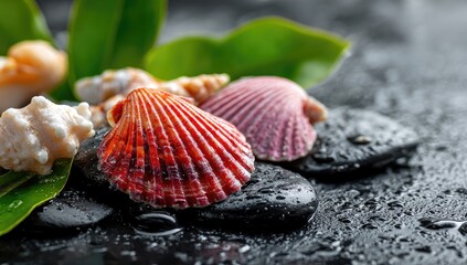Seashells and stones on dark surface with leaves (1)