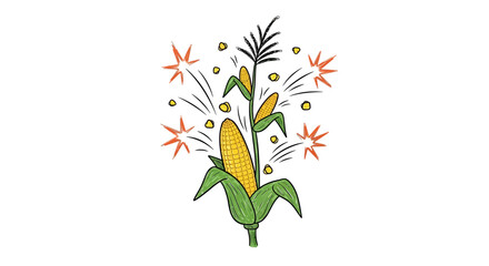 Corn plant illustration with fireworks and green leaves on white background.