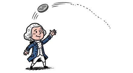 Cartoon Thomas Jefferson tossing a coin into the air with excitement and joy.