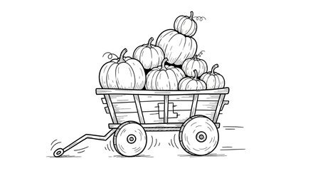 Hand drawn illustration of a wooden wagon filled with pumpkins.