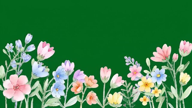 Soft watercolor border of pastel flowers along the bottom edge in a bright, airy scene