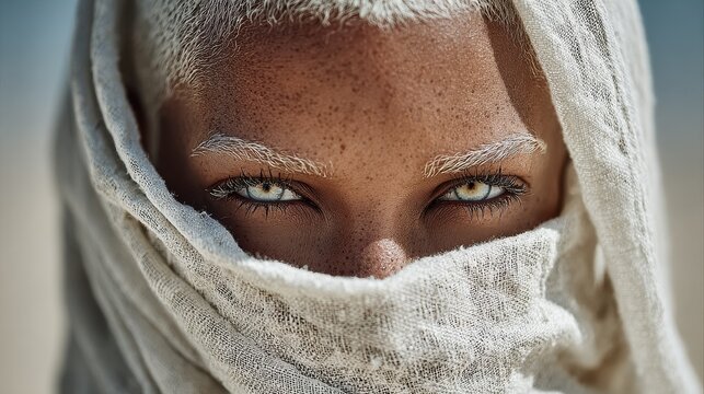 Close-up of albino African woman wearing white cloak standing in desert with soft sunlight, natural skin texture, focused gaze, serene expression, cinematic warm tones, realistic portrait