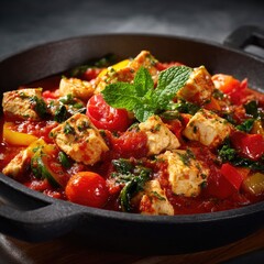 Spicy chicken and vegetable dish in cast iron pan