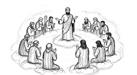 Religious gathering of disciples listening to a sermon from their teacher.