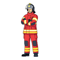 Cartoon Firefighter Character in Red Uniform with Helmet and Visor, Standing with Arms Crossed