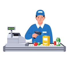 Cashier scanning groceries at supermarket checkout with various items and price display