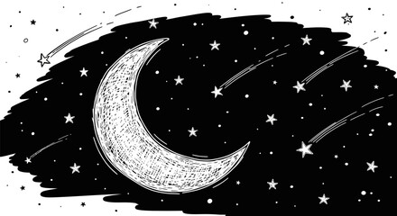 Crescent Moon Shining Brightly Amidst a Starry Night Sky.