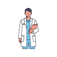 Fototapeta premium Smiling Male Doctor Illustration in White Lab Coat Holding Clipboard