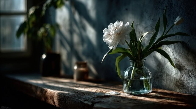 One white tulip in a thin glass vase - Powered by Adobe