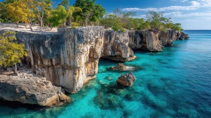 Scenic Turquoise Ocean Waves Crashing Against Rocky Cliffs Under Blue Sky in Tropical Coastline with Green Foliage During Daytime