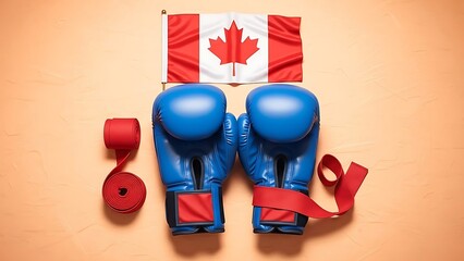 Canadian boxing concept with blue gloves and red hand wraps against beige background