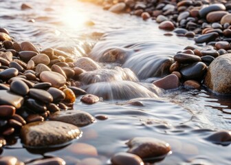 Obraz premium A serene streams gentle lapping creates a mesmerizing dance of light and water, as pebbles glisten beneath the surface