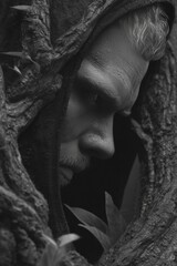 Mysterious Man Emerging from Tree Hollow in Dark Forest