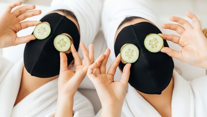 Two women relaxing with cucumber slices on eyes