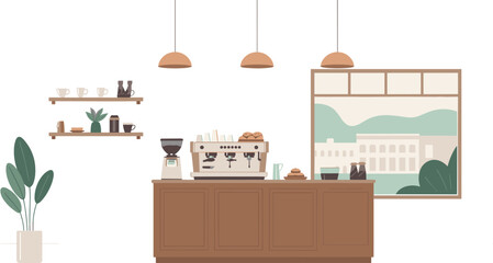 Minimalist illustration of modern coffee shop interior, cafe counter, espresso machine, cozy workspace, urban lifestyle, beverage service design