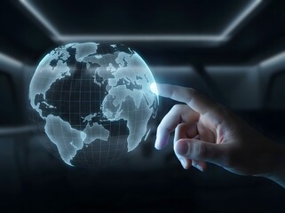 Human Hand Touching a Glowing Holographic Globe with Grid Overlay in a Futuristic Dark Interface Scene