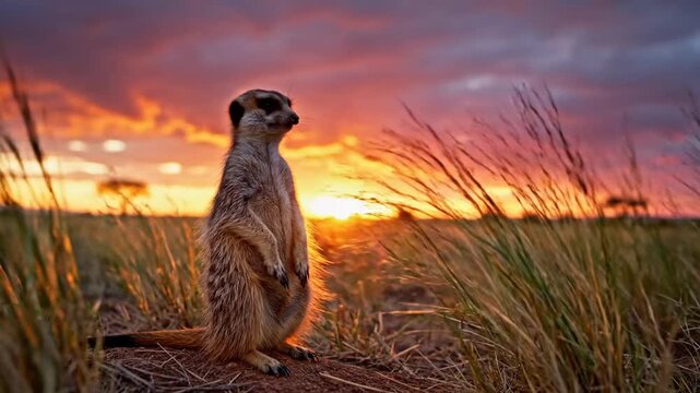 Vigilant Meerkat Surveys Golden Savannah Landscape at Breathtaking Sunset, Nature's Beauty Unfolds