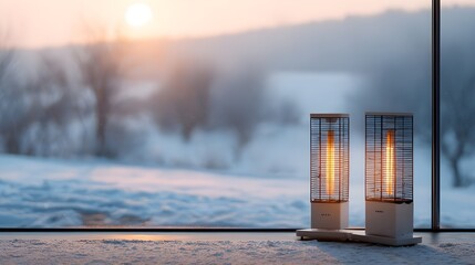 窓越しに見る雪景色と屋外ヒーター