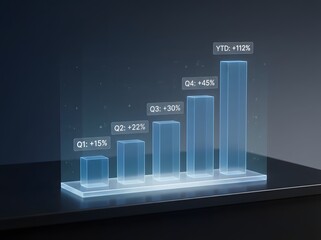 Glowing blue bar chart showing quarterly and year-to-date percentage growth on a dark background.