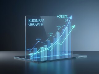 Futuristic Business Growth Chart with Glowing 3D Bars and Line Graph Showing Quarterly Performance in a Digital Environment