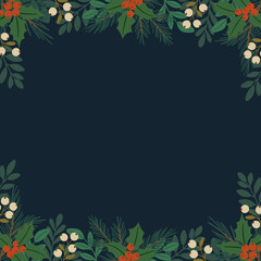 Świąteczna ramka z gałązkami sosny, świerku, jodły, jemiołą i jagodami. Zimowa kompozycja.