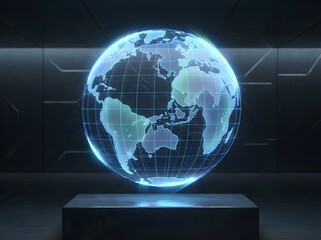 A futuristic holographic projection of the Earth globe, glowing blue on a dark pedestal in a dimly lit, high-tech room.