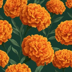 Vibrant orange marigold flowers on dark green backdrop