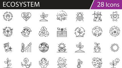 Environmental conservation and sustainability icons set, climate change, renewable energy, biodiversity, recycling, eco awareness, vector illustration