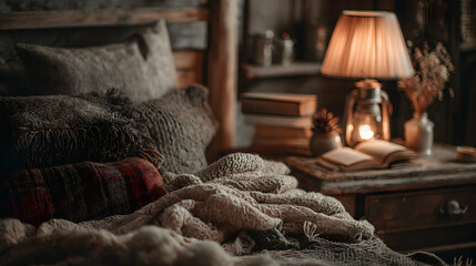 Cozy rustic bedroom scene featuring warm blankets pillows and a glowing lantern beside an open book for relaxation