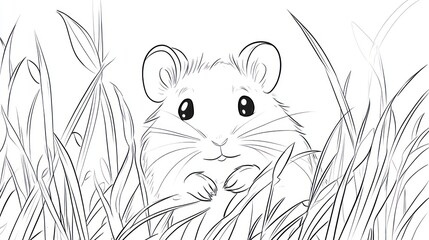 Cute hamster in grass, hand-drawn illustration, use for children's book, coloring page