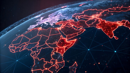 Global digital network overlay on earth globe showing illuminated continents and borders in space