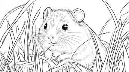 Cute hamster hidden in tall grass, coloring book style illustration