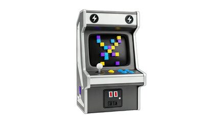 Retro Arcade Machine Playing Game on White Background