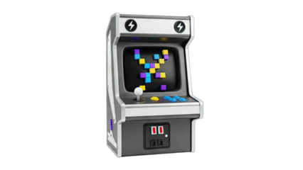 Retro Arcade Machine Playing Game on White Background