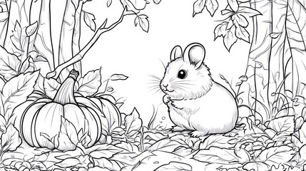 Cute hamster in autumn forest, coloring page, kids activity, autumn scene