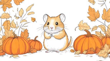 Cute hamster among autumn pumpkins