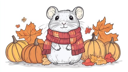 Cute mouse in scarf, autumn leaves, pumpkins. Decorative illustration. Possible use Children's book, greeting card, social media