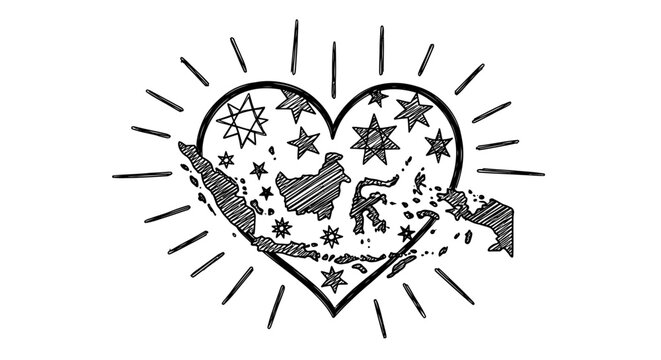 Heart-Shaped Map of Indonesia with Stars and Rays.