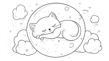Sleeping cat moon night sky clouds coloring page