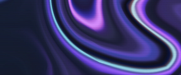 Neon purple and cyan abstract vector background with smooth flowing curves and horizontal scanline texture, creating a futuristic and glowing digital aesthetic.