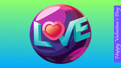 Obraz premium Happy Valentine's Day message on a gradient background with a glossy purple sphere featuring the word 