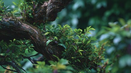 Close Up of Twisted Tree Branch with Fresh Green Leaves