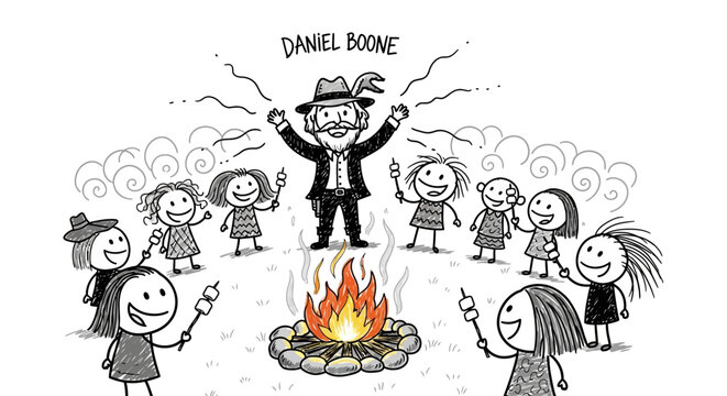 Daniel Boone and children around campfire roasting marshmallows.