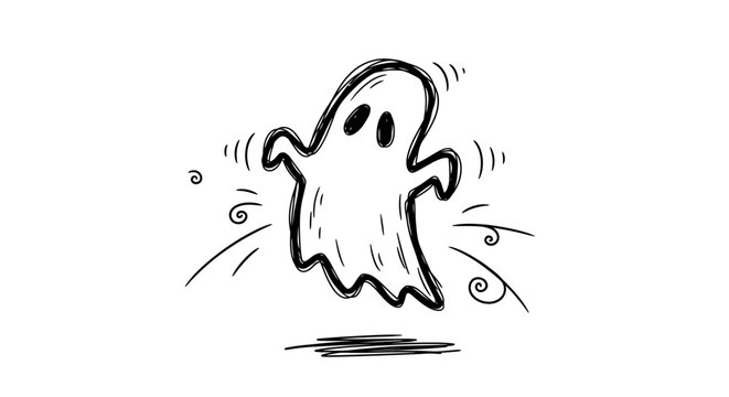 Simple black and white drawing of a cartoon ghost floating upwards.