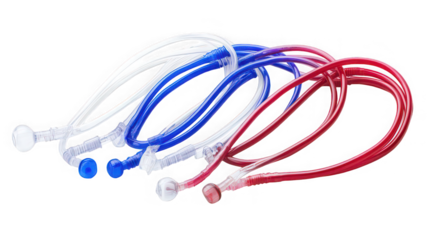 Medical breathing circuits in red white and blue colors arranged abstractly against a